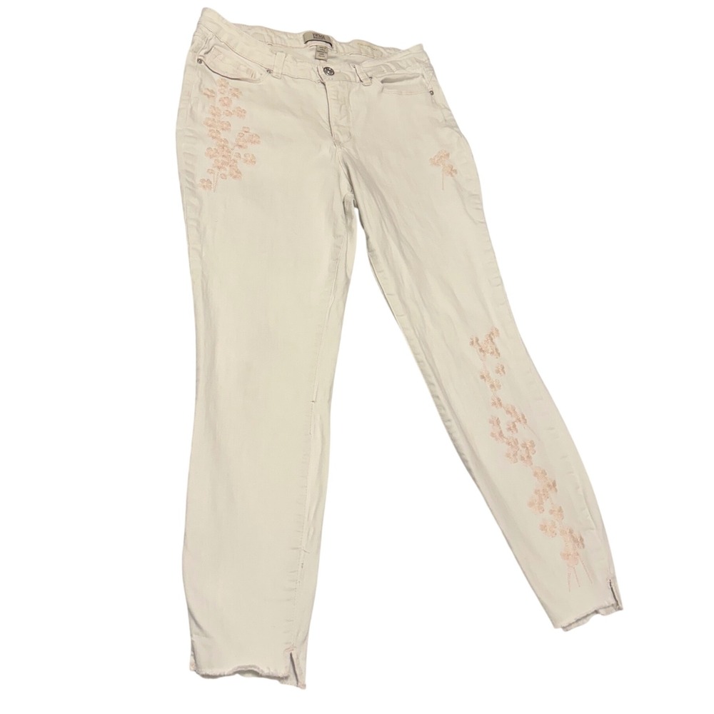 Vintage America Blues Boho Skinny Ankle Jeans Cream Floral Embroidered 10/30